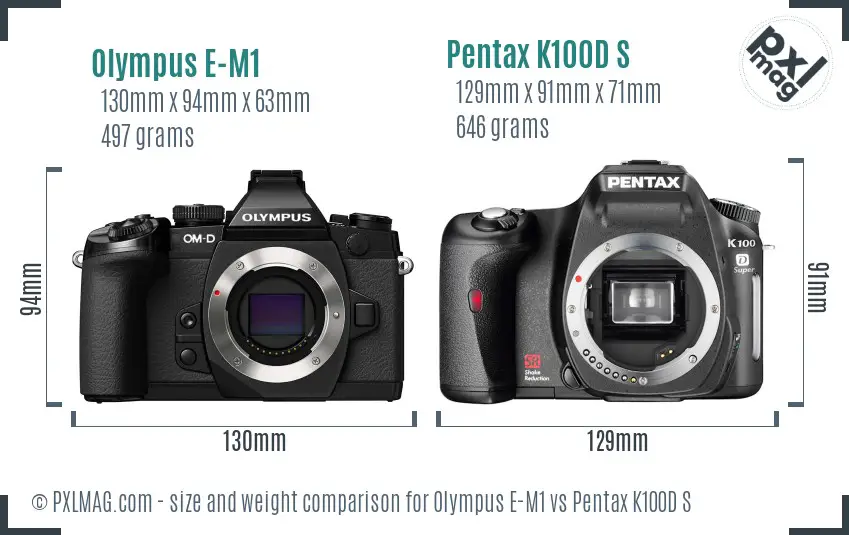 Olympus E-M1 vs Pentax K100D S size comparison