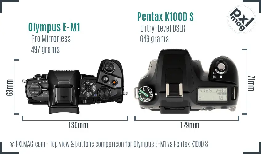 Olympus E-M1 vs Pentax K100D S top view buttons comparison