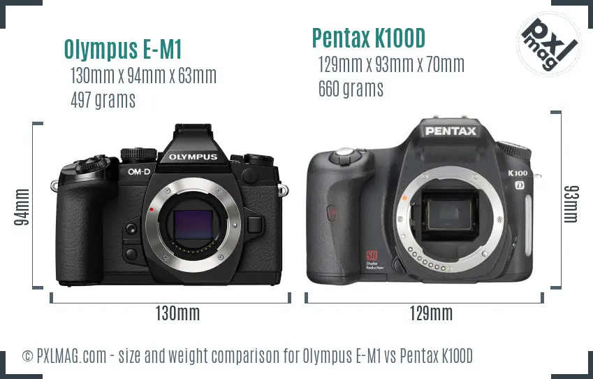 Olympus E-M1 vs Pentax K100D size comparison