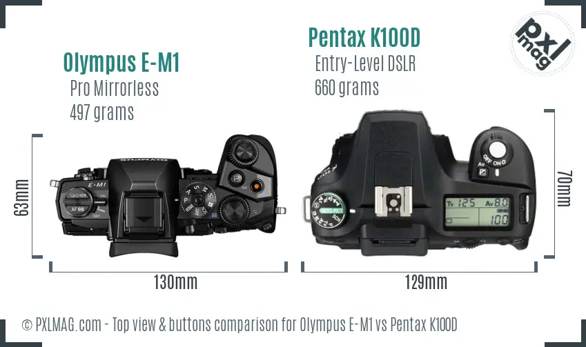 Olympus E-M1 vs Pentax K100D top view buttons comparison