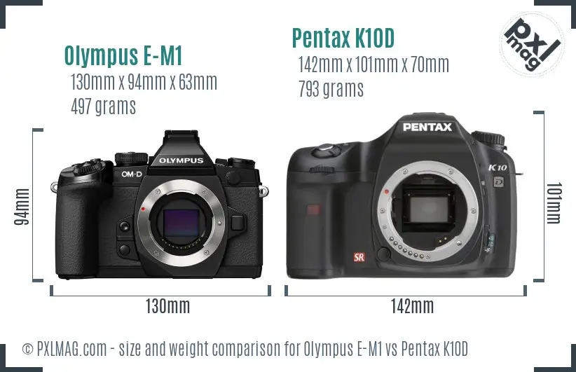 Olympus E-M1 vs Pentax K10D size comparison