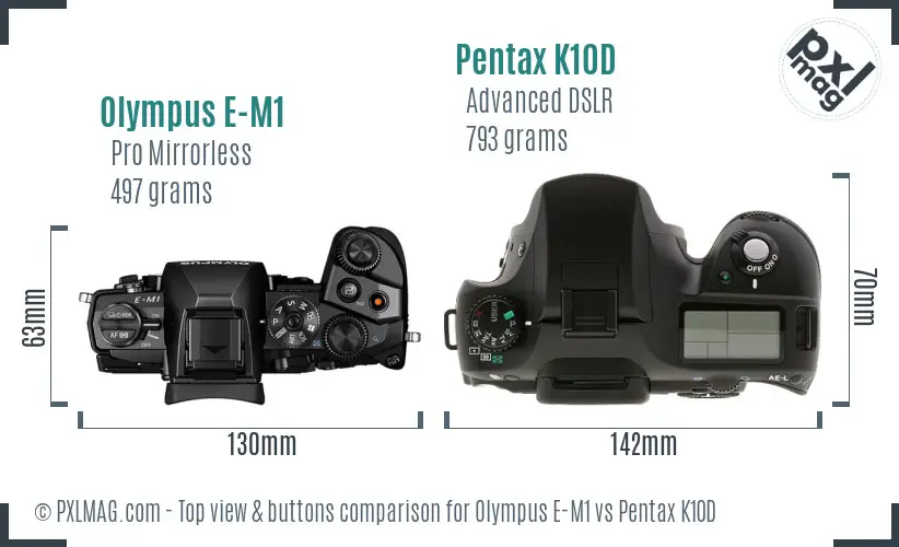 Olympus E-M1 vs Pentax K10D top view buttons comparison