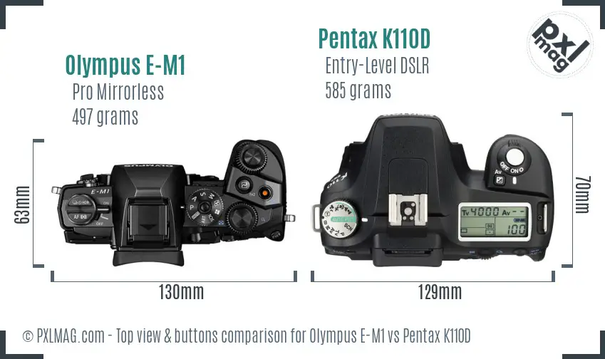 Olympus E-M1 vs Pentax K110D top view buttons comparison