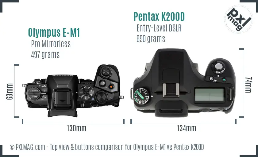 Olympus E-M1 vs Pentax K200D top view buttons comparison