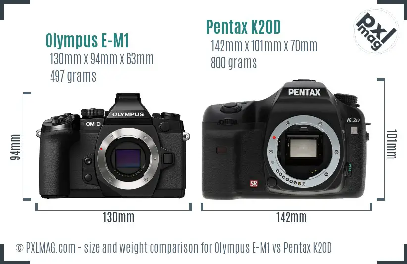 Olympus E-M1 vs Pentax K20D size comparison