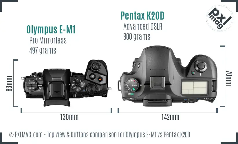 Olympus E-M1 vs Pentax K20D top view buttons comparison