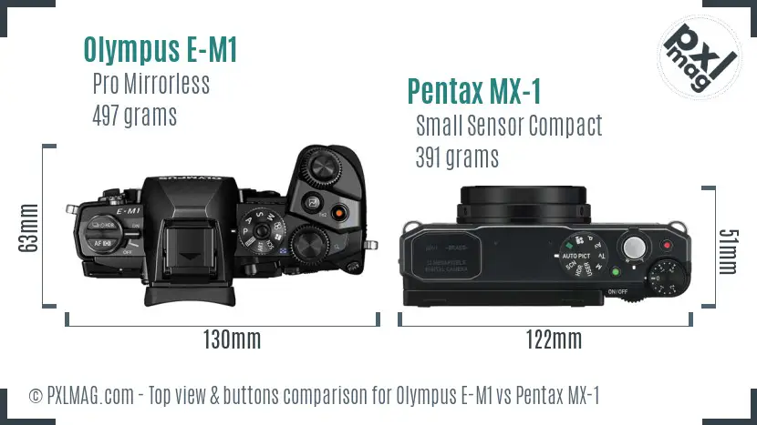 Olympus E-M1 vs Pentax MX-1 top view buttons comparison