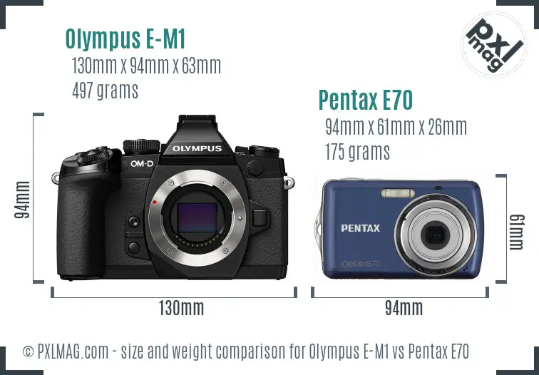 Olympus E-M1 vs Pentax E70 size comparison