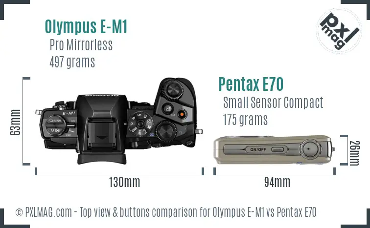 Olympus E-M1 vs Pentax E70 top view buttons comparison