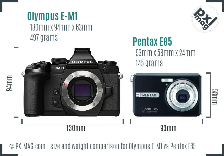 Olympus E-M1 vs Pentax E85 size comparison