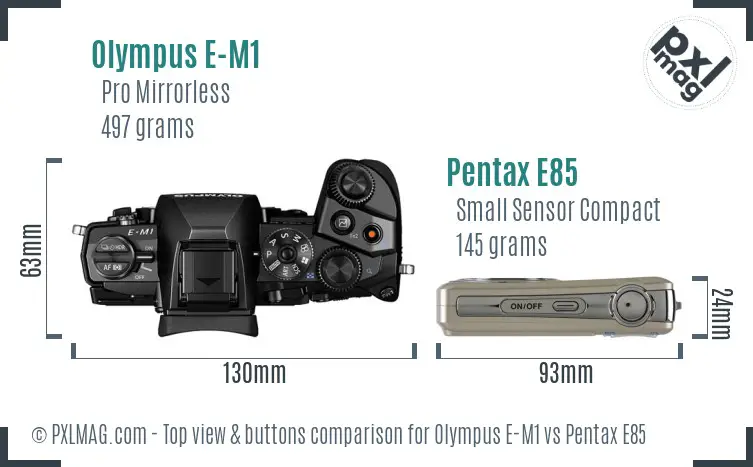 Olympus E-M1 vs Pentax E85 top view buttons comparison