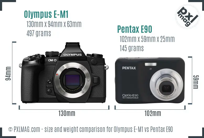 Olympus E-M1 vs Pentax E90 size comparison
