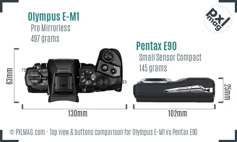 Olympus E-M1 vs Pentax E90 top view buttons comparison