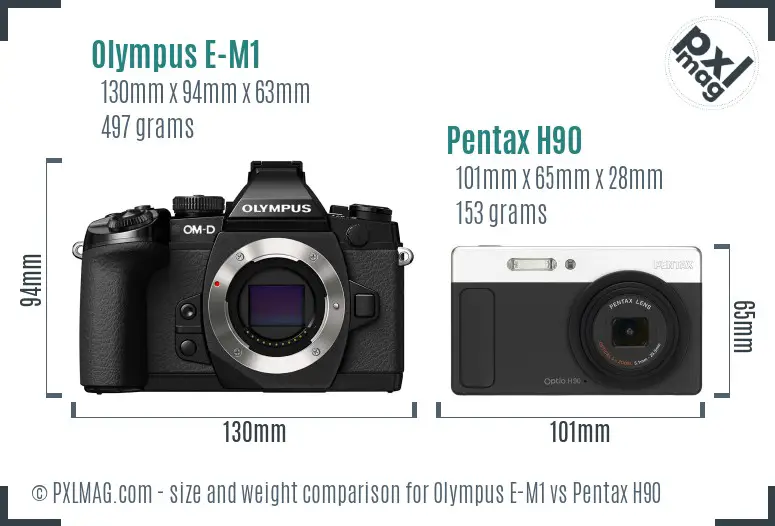 Olympus E-M1 vs Pentax H90 size comparison