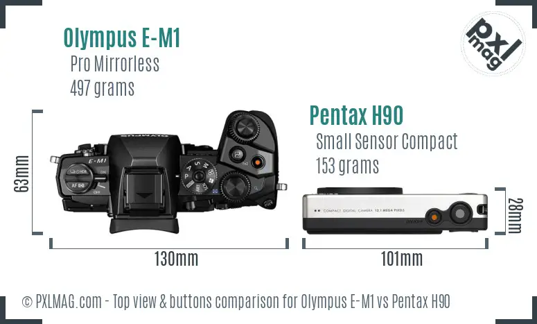 Olympus E-M1 vs Pentax H90 top view buttons comparison