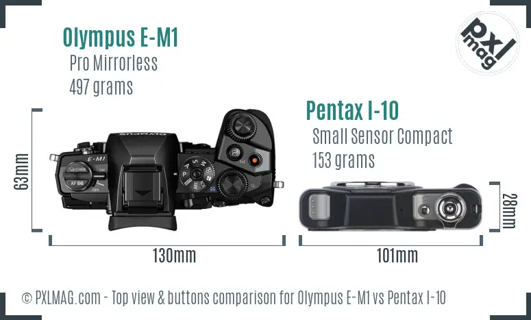 Olympus E-M1 vs Pentax I-10 top view buttons comparison