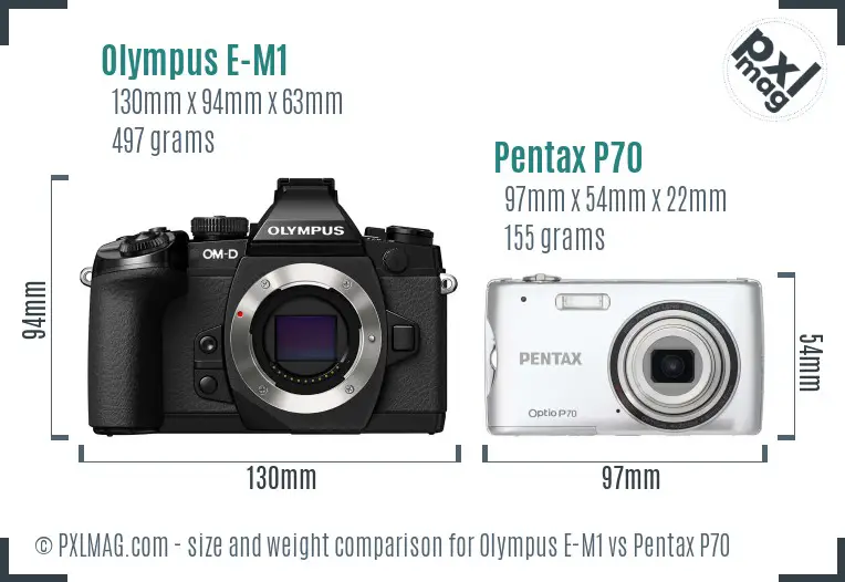 Olympus E-M1 vs Pentax P70 size comparison