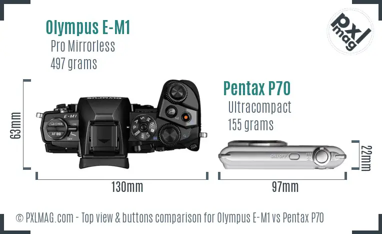 Olympus E-M1 vs Pentax P70 top view buttons comparison