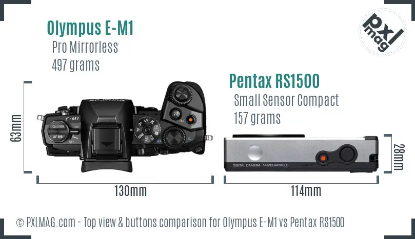 Olympus E-M1 vs Pentax RS1500 top view buttons comparison