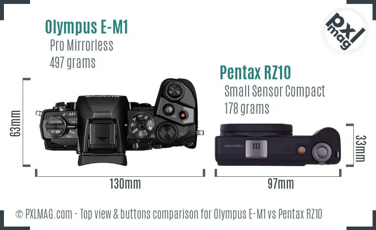 Olympus E-M1 vs Pentax RZ10 top view buttons comparison