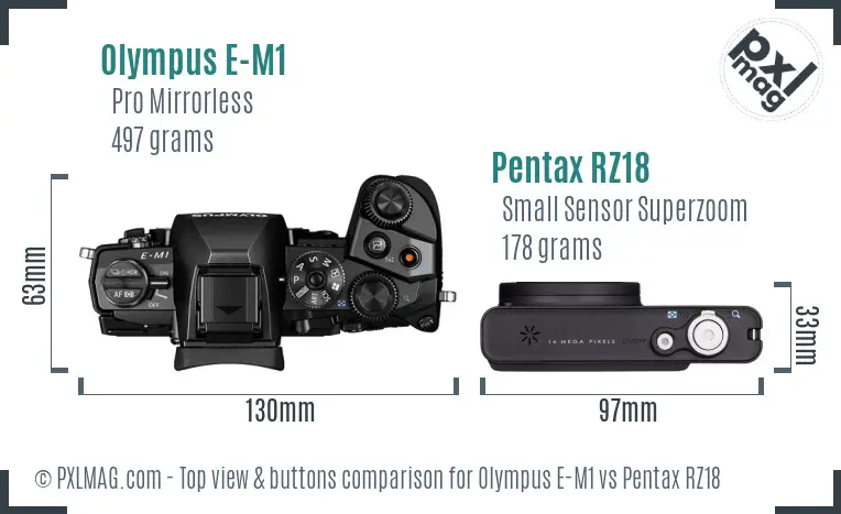 Olympus E-M1 vs Pentax RZ18 top view buttons comparison