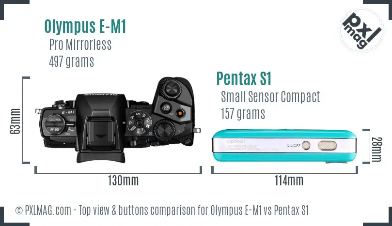 Olympus E-M1 vs Pentax S1 top view buttons comparison
