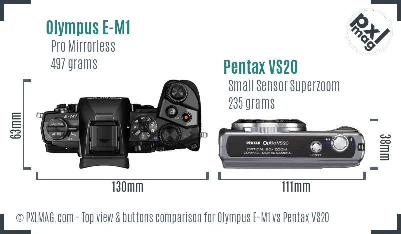 Olympus E-M1 vs Pentax VS20 top view buttons comparison