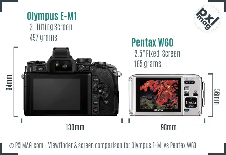 Olympus E-M1 vs Pentax W60 Screen and Viewfinder comparison