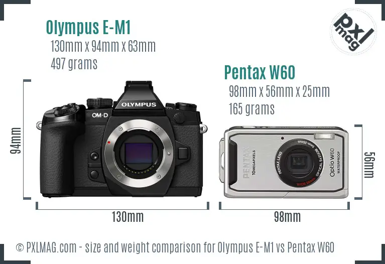 Olympus E-M1 vs Pentax W60 size comparison