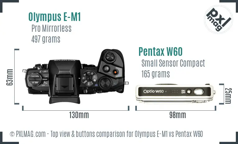 Olympus E-M1 vs Pentax W60 top view buttons comparison