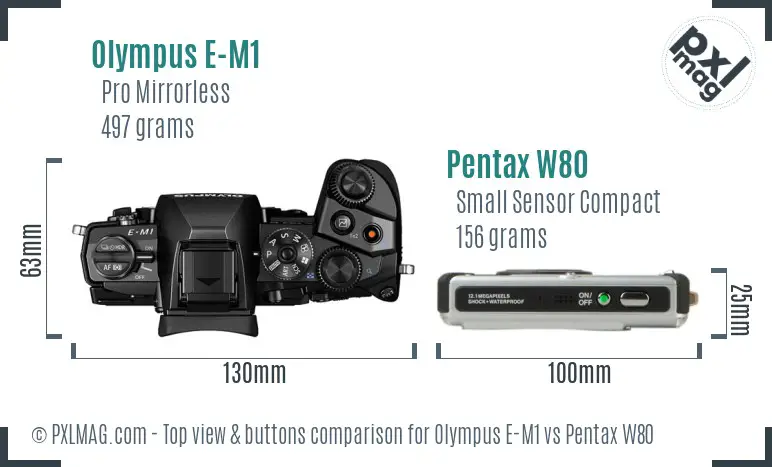 Olympus E-M1 vs Pentax W80 top view buttons comparison