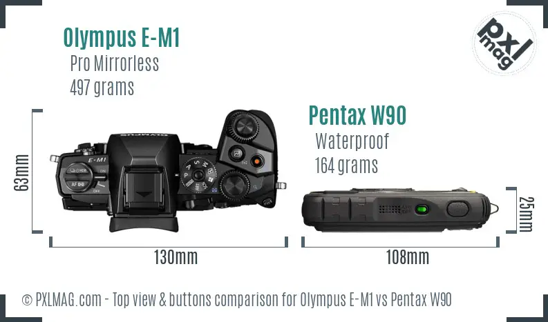 Olympus E-M1 vs Pentax W90 top view buttons comparison
