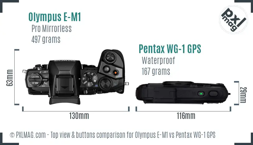 Olympus E-M1 vs Pentax WG-1 GPS top view buttons comparison