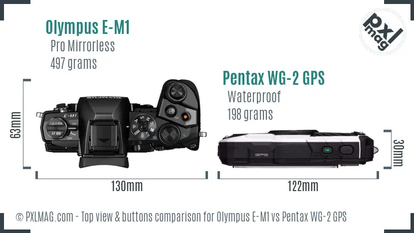 Olympus E-M1 vs Pentax WG-2 GPS top view buttons comparison