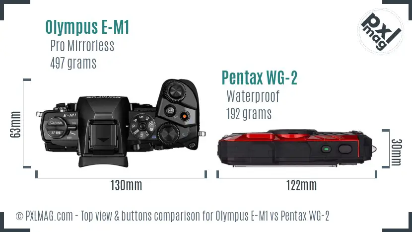Olympus E-M1 vs Pentax WG-2 top view buttons comparison