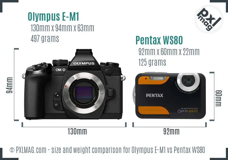 Olympus E-M1 vs Pentax WS80 size comparison