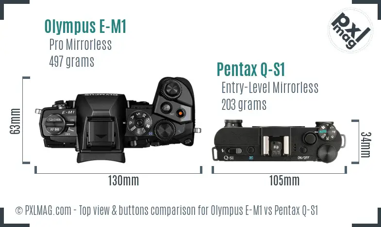 Olympus E-M1 vs Pentax Q-S1 top view buttons comparison