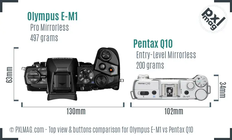 Olympus E-M1 vs Pentax Q10 top view buttons comparison
