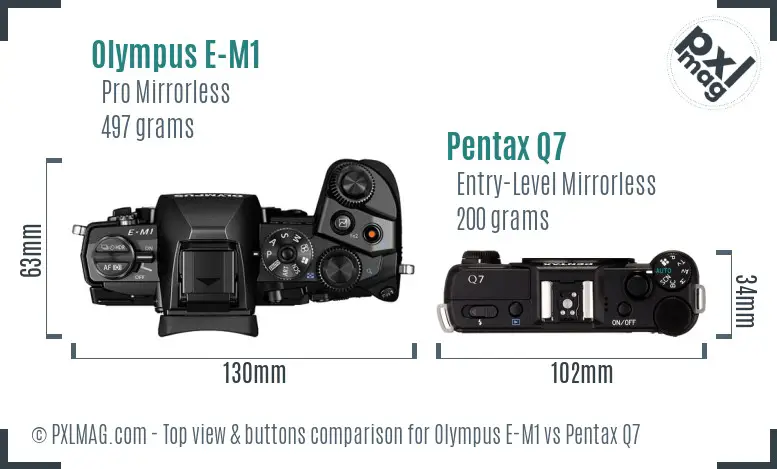 Olympus E-M1 vs Pentax Q7 top view buttons comparison