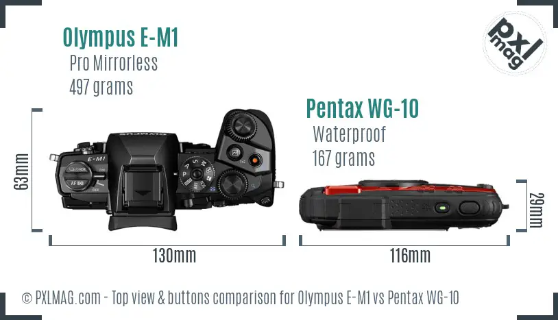 Olympus E-M1 vs Pentax WG-10 top view buttons comparison