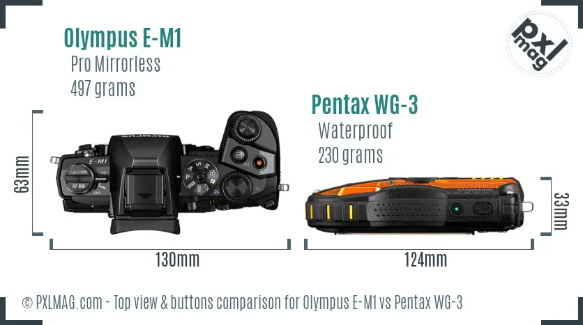 Olympus E-M1 vs Pentax WG-3 top view buttons comparison