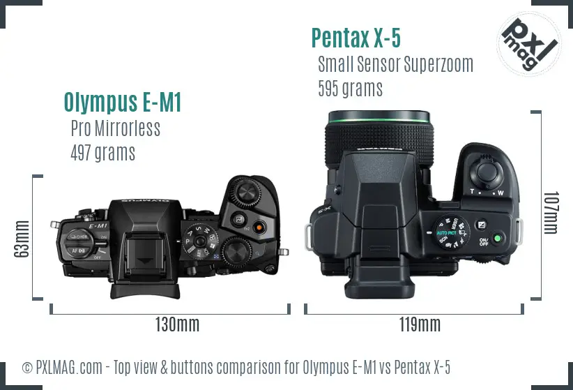Olympus E-M1 vs Pentax X-5 top view buttons comparison