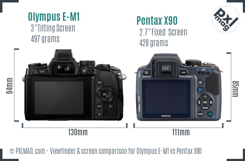 Olympus E-M1 vs Pentax X90 Screen and Viewfinder comparison