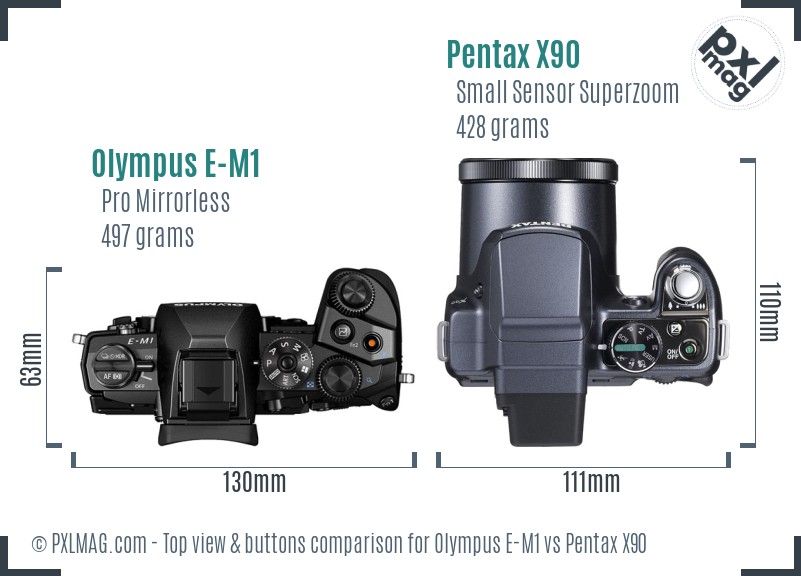 Olympus E-M1 vs Pentax X90 top view buttons comparison