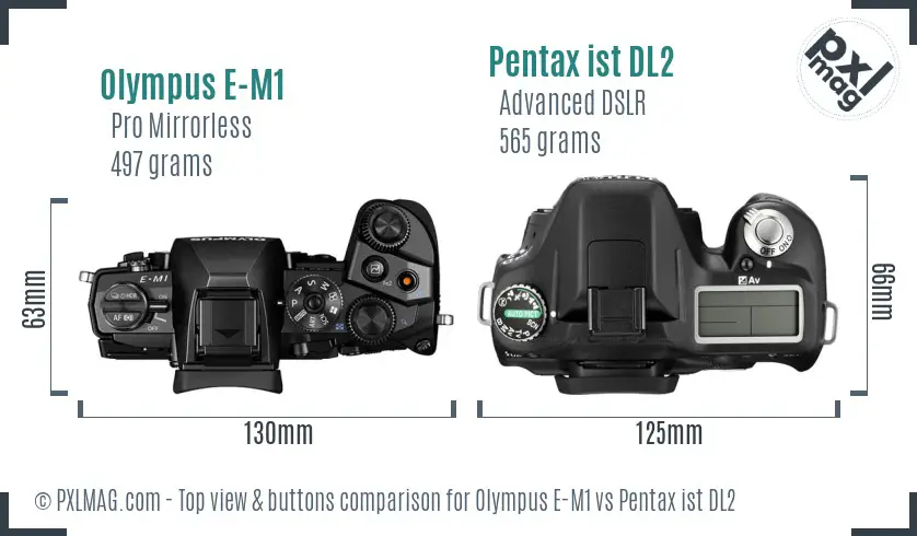 Olympus E-M1 vs Pentax ist DL2 top view buttons comparison