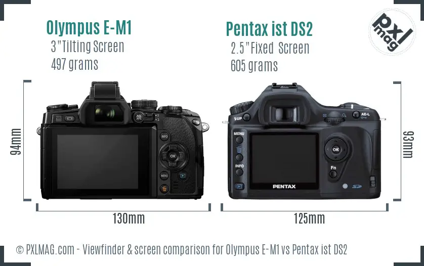 Olympus E-M1 vs Pentax ist DS2 Screen and Viewfinder comparison