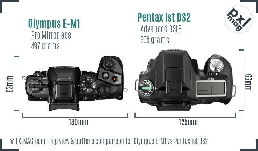 Olympus E-M1 vs Pentax ist DS2 top view buttons comparison