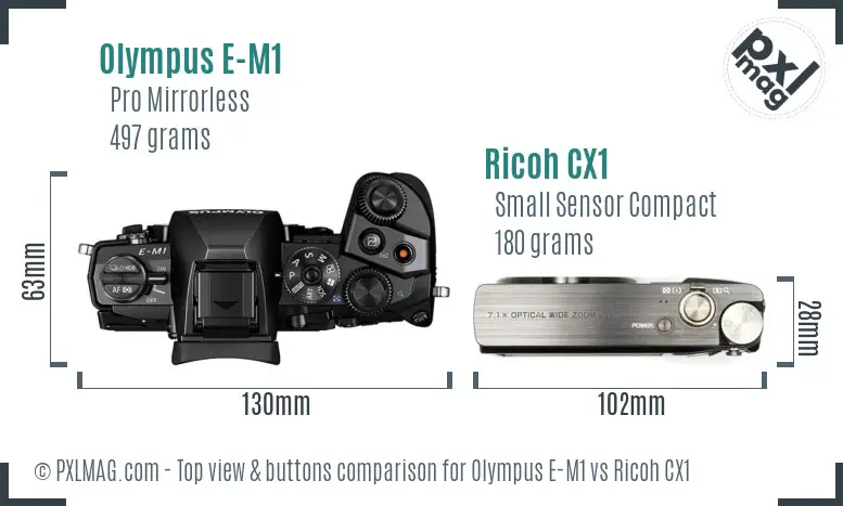 Olympus E-M1 vs Ricoh CX1 top view buttons comparison