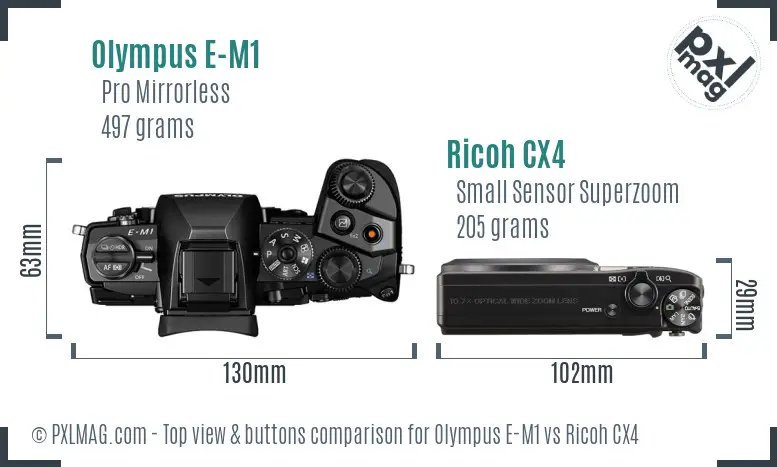 Olympus E-M1 vs Ricoh CX4 top view buttons comparison