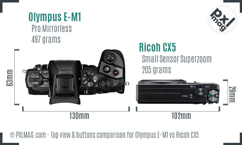 Olympus E-M1 vs Ricoh CX5 top view buttons comparison Olympus E-M1 vs Ricoh CX5 top view buttons comparison